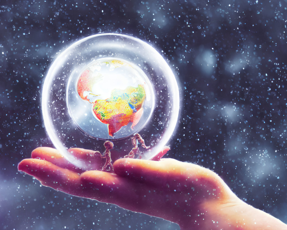 Hand holding glowing globe in translucent bubble against snowy backdrop