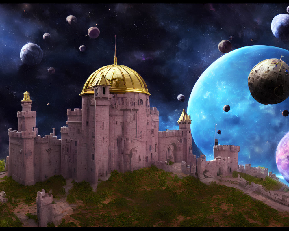 Majestic fantasy castle with golden domes under cosmic sky