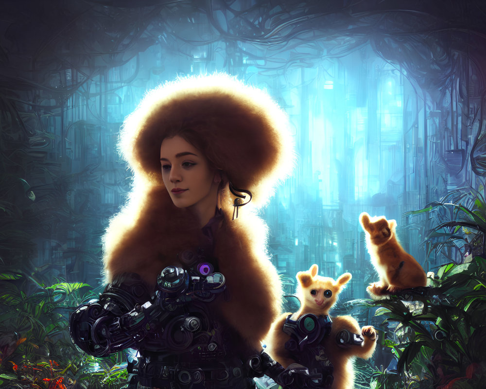 Futuristic armored woman with fur collar in neon-lit forest with curious creatures