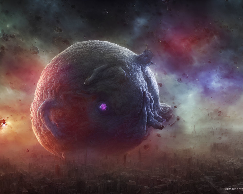 Giant textured planet above cityscape under colorful nebula sky