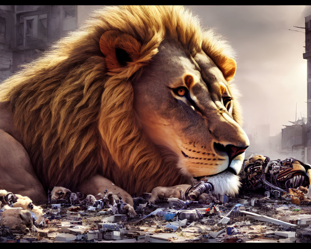 Majestic lion in dystopian cityscape with rubble and debris