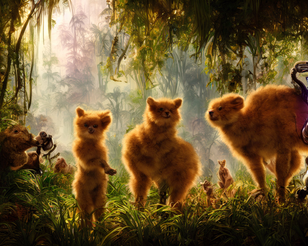 Three fluffy orange creatures and a robotic figure in a magical forest scene