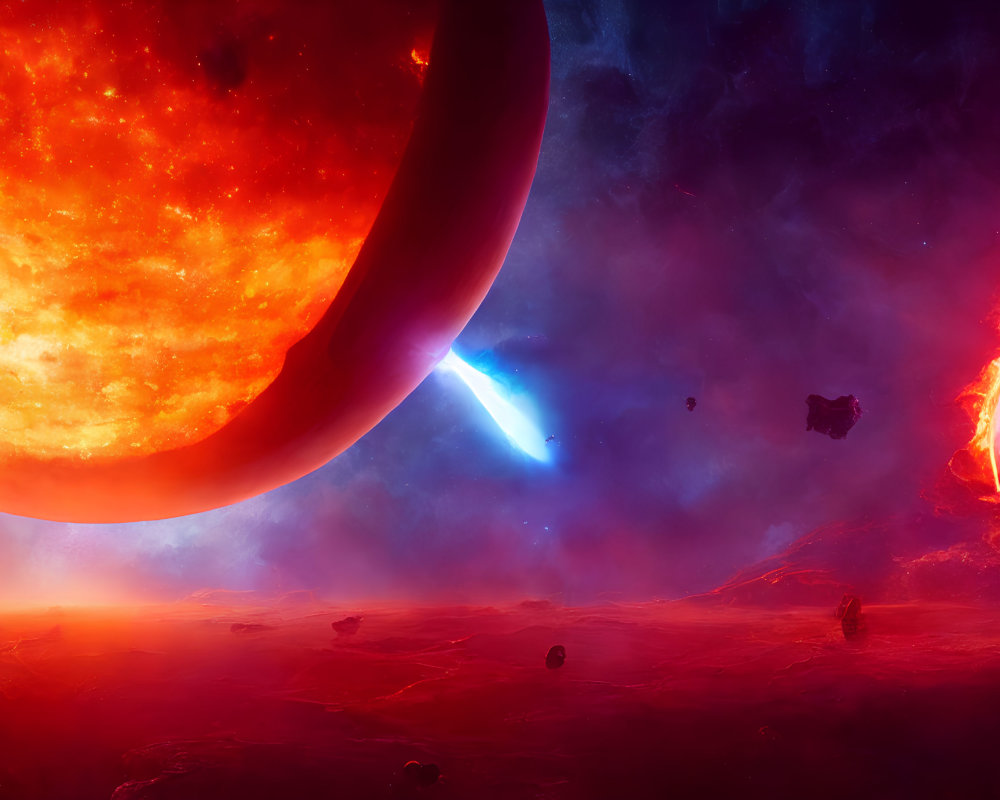 Vivid sci-fi landscape: giant red star, comet, futuristic structure