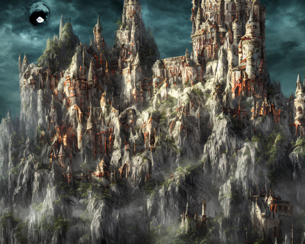 Majestic castles and towers in fantasy mountain landscape