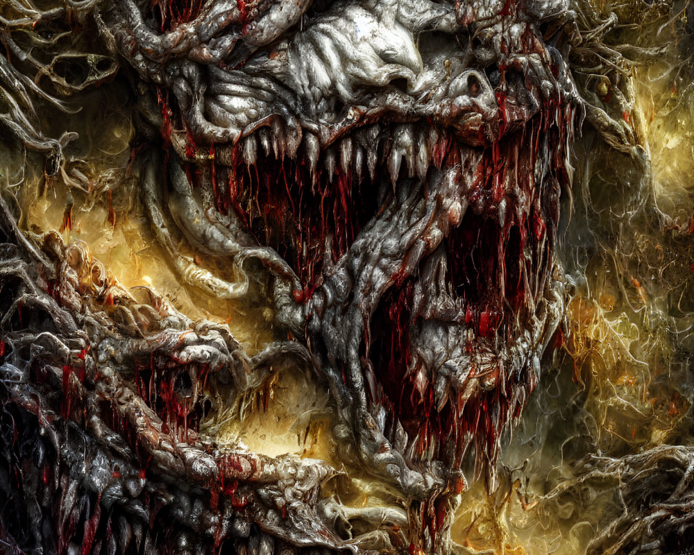 Dark fantasy artwork: Monstrous entity with fanged mouths & sinewy textures