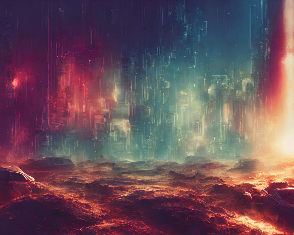 Dystopian digital artwork: molten grounds, glitchy sky.