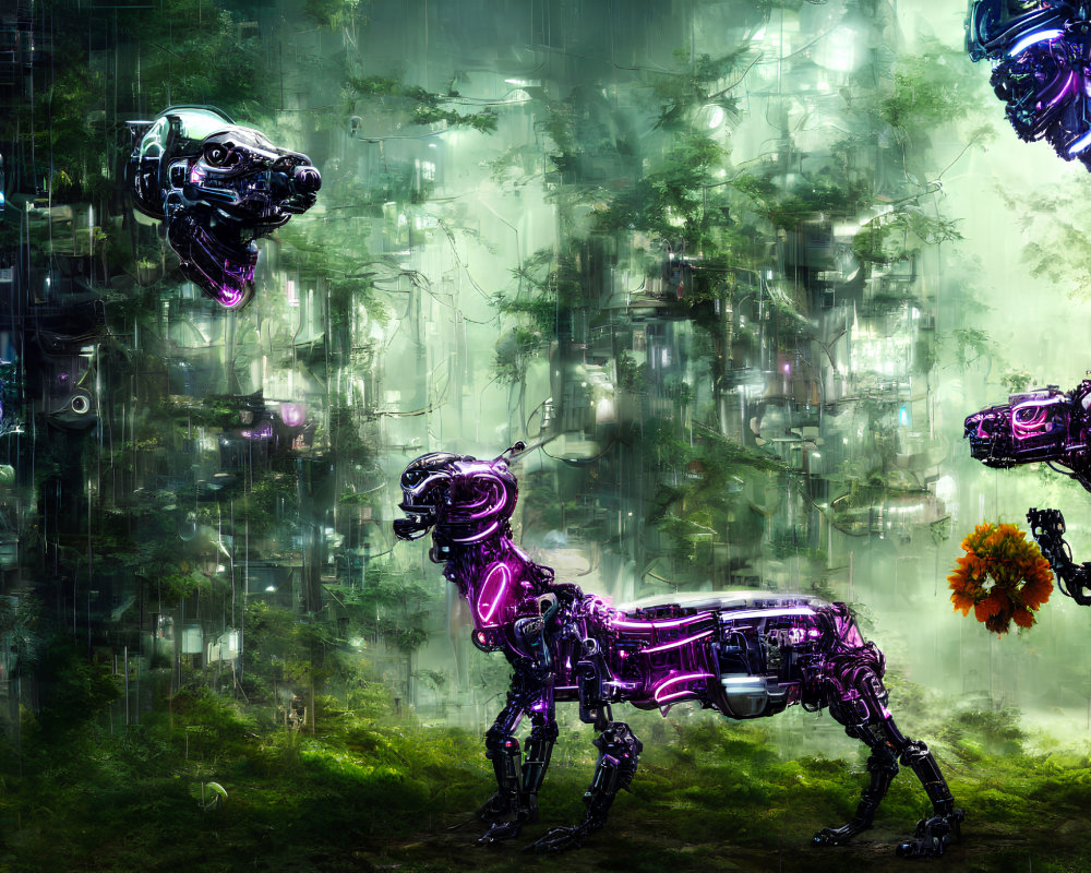 Futuristic robotic dogs in vibrant sci-fi forest landscape