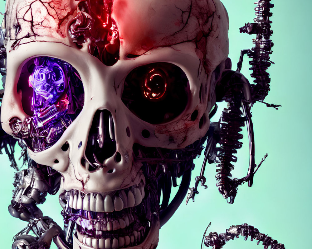 Detailed futuristic robotic skull with glowing red eye on turquoise backdrop