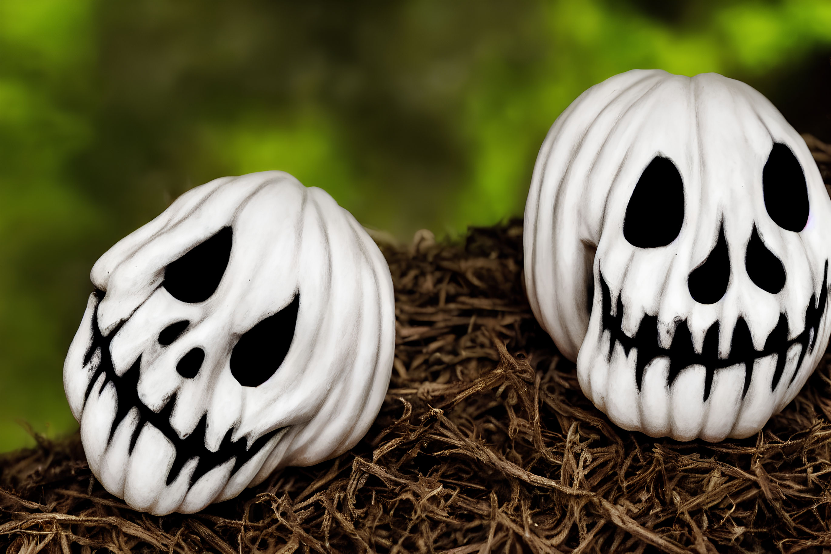 Cartoonish white skull decorations on twig bed, green background.