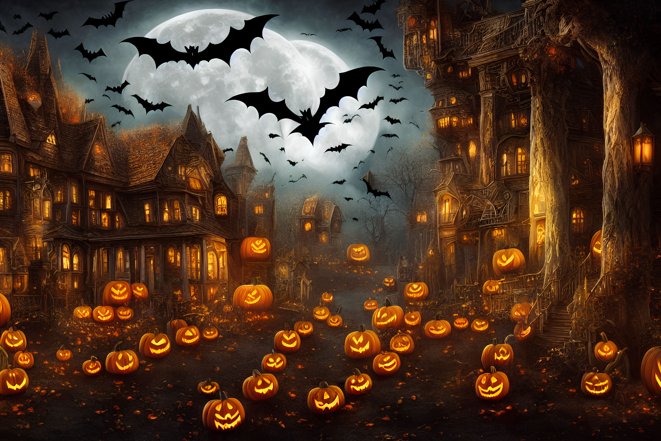 Haunted Halloween Scene with Carved Pumpkins, Bats, and Eerie Glow