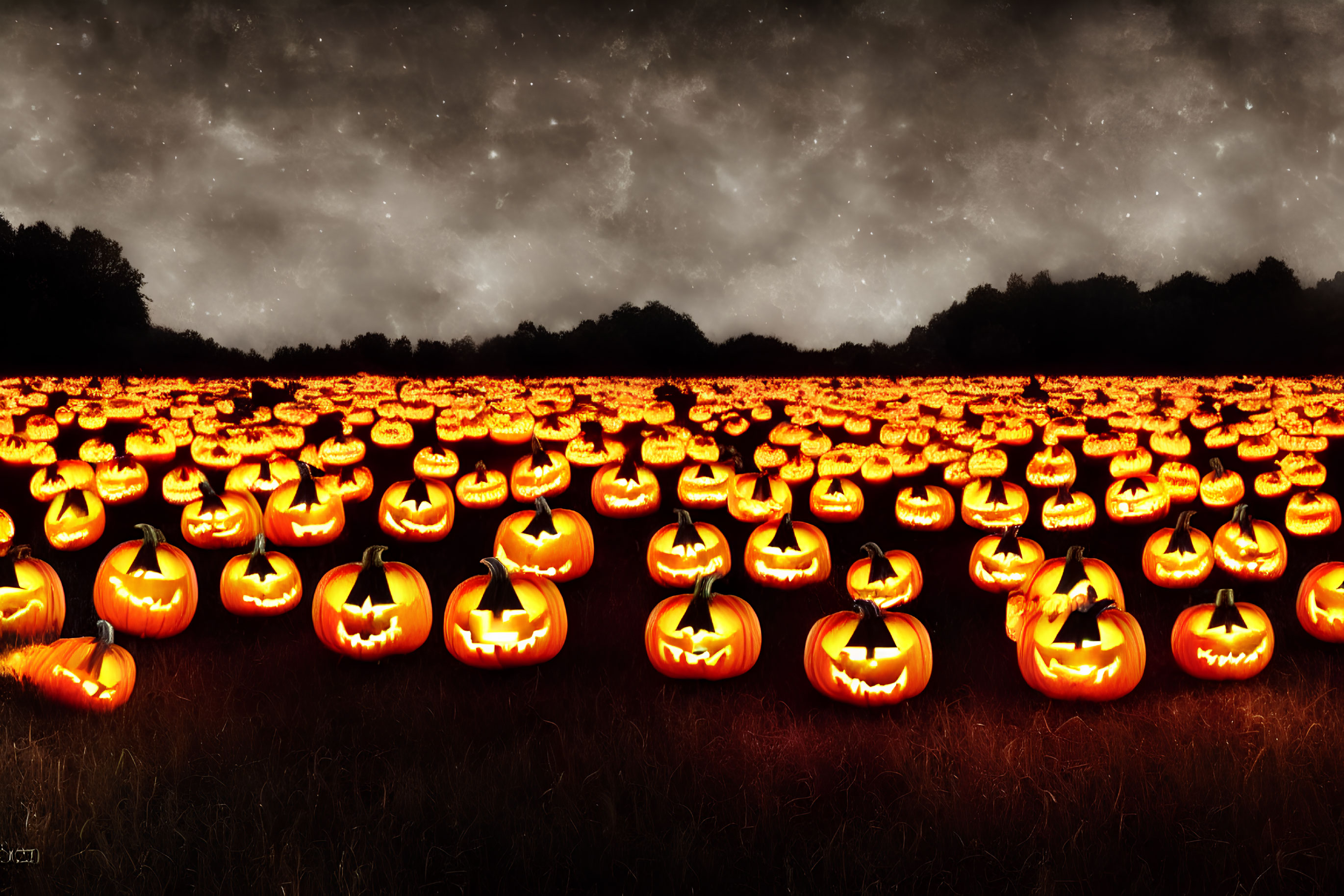 Field of Glowing Jack-o'-lanterns Under Starry Night Sky