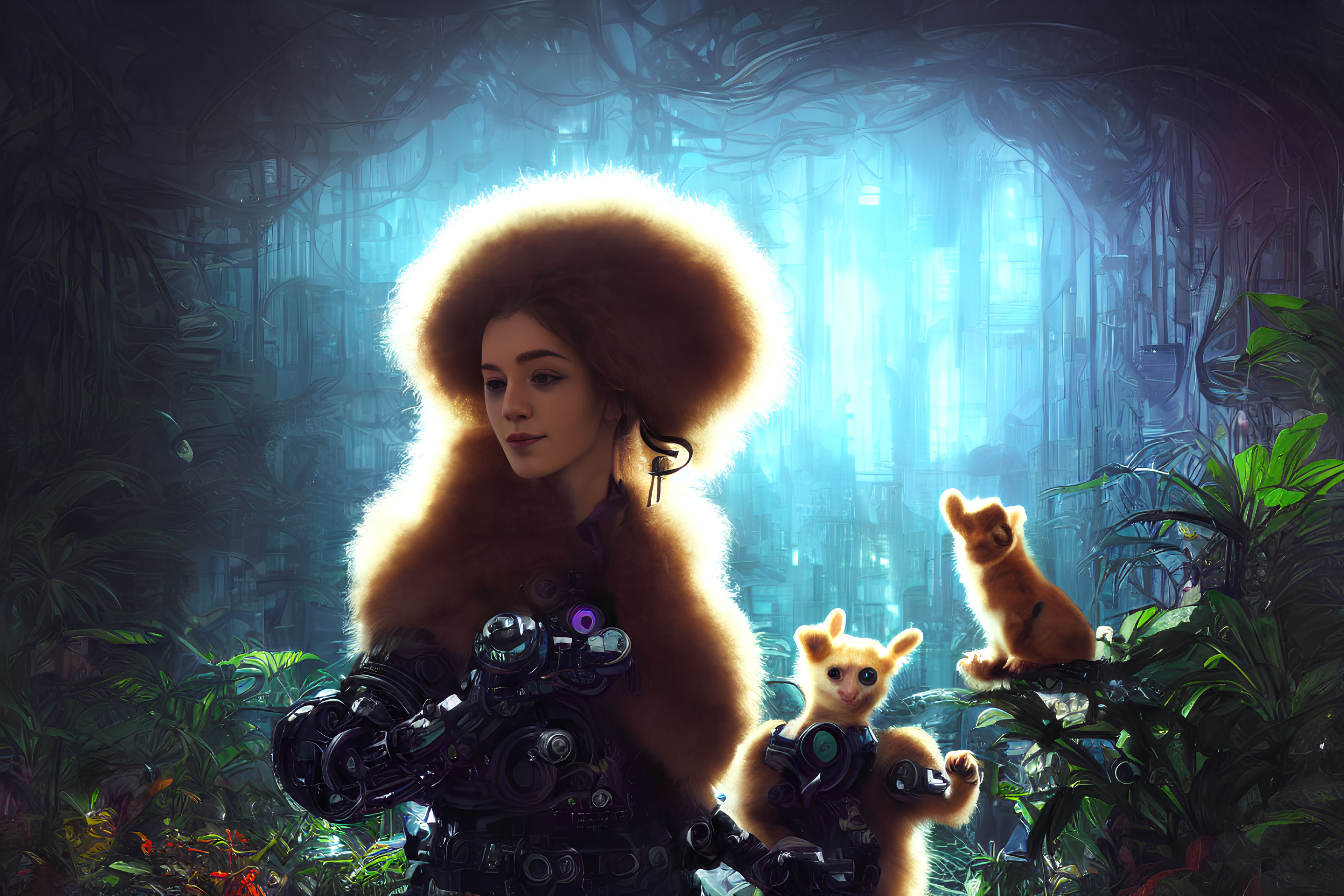 Futuristic armored woman with fur collar in neon-lit forest with curious creatures