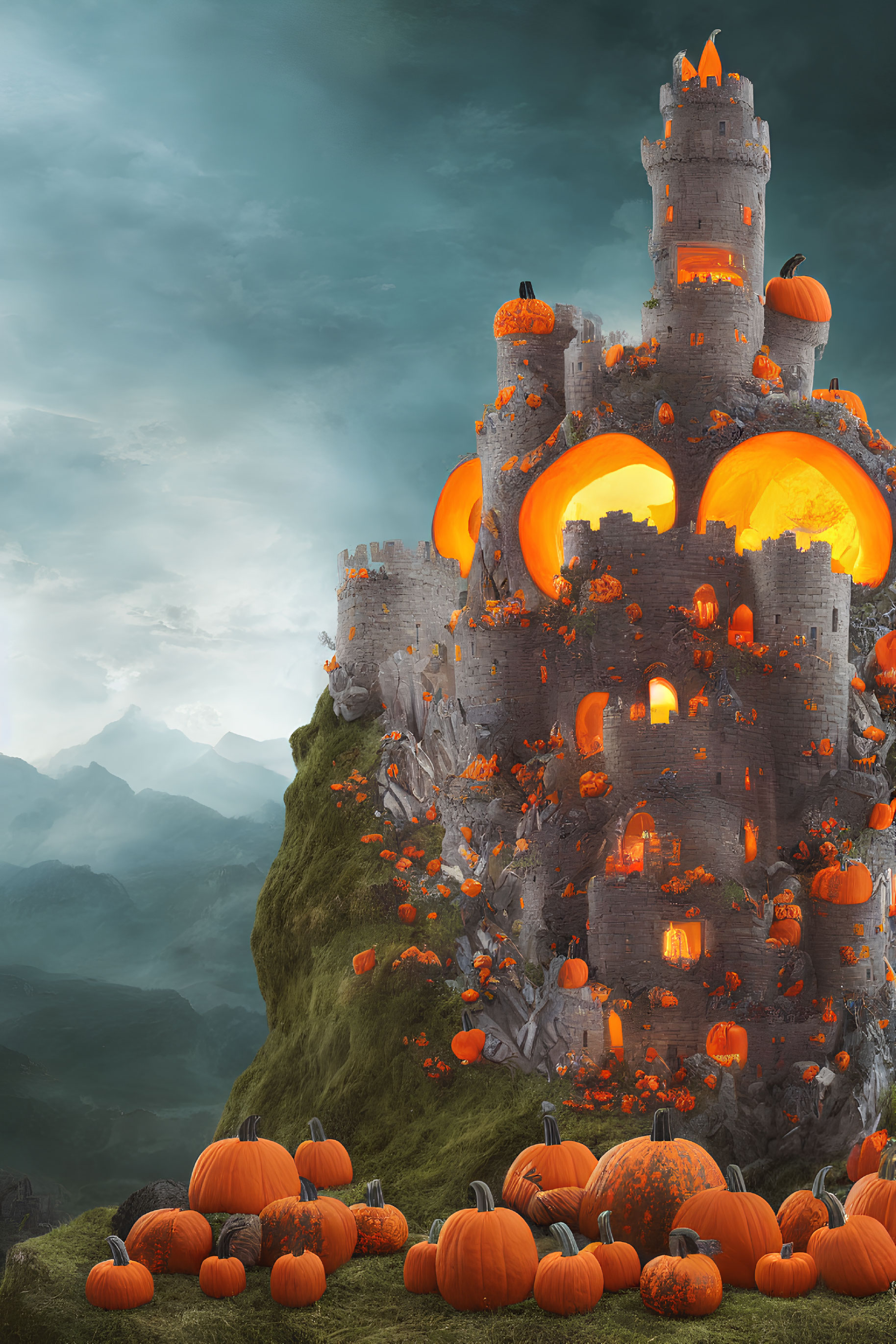 Surreal fantasy castle on rocky hill with glowing orange windows and oversized pumpkins against mystic sky