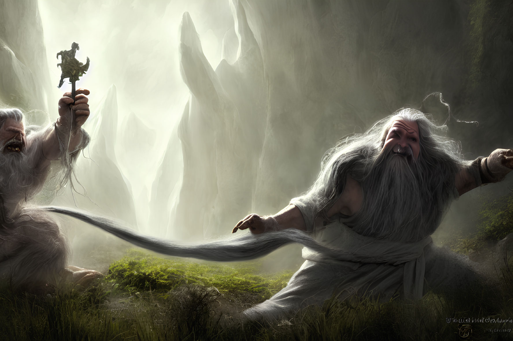 Elderly wizards in magical duel among misty rocks