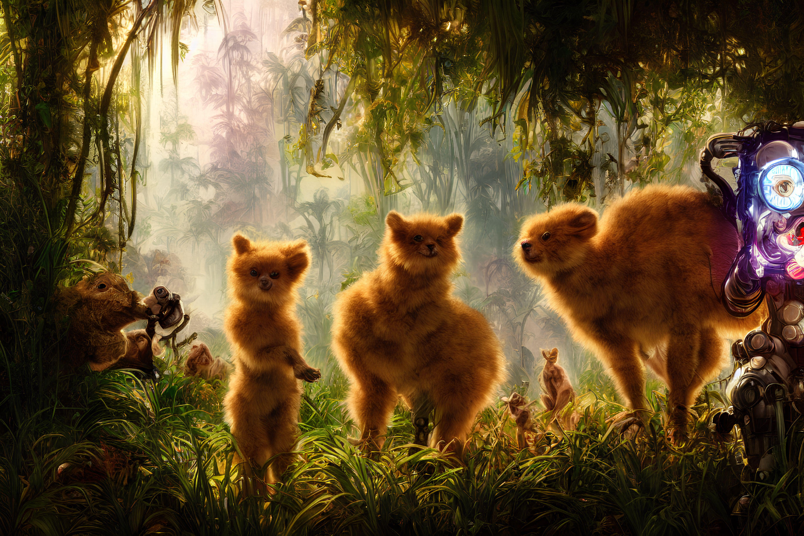 Three fluffy orange creatures and a robotic figure in a magical forest scene