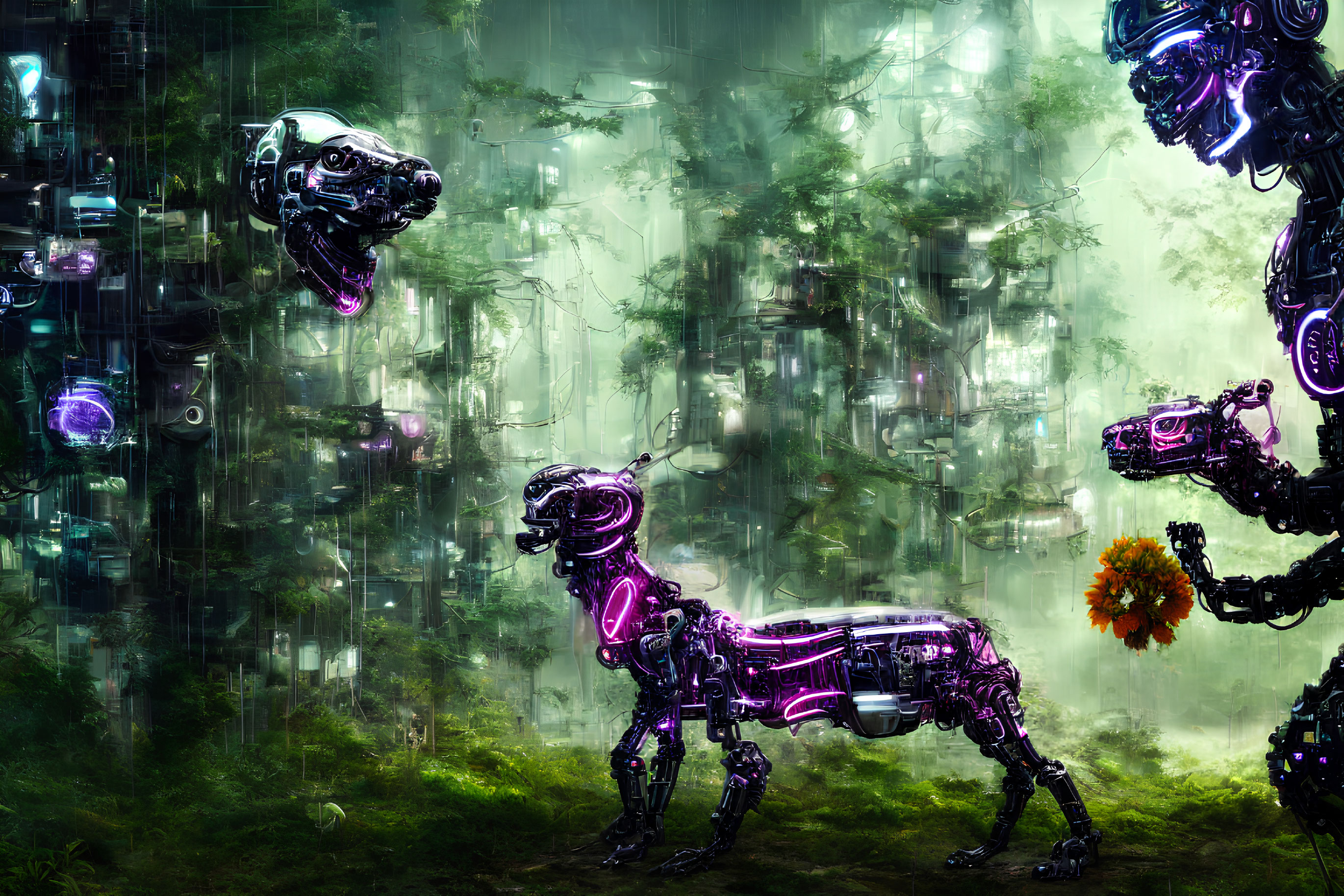 Futuristic robotic dogs in vibrant sci-fi forest landscape