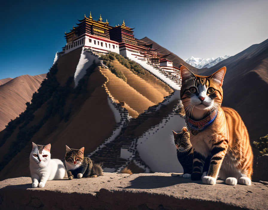 Three cats in front of sunlit palace and mountains