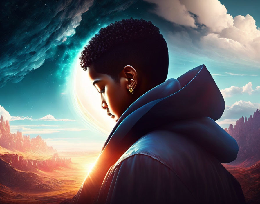 Young person with earring gazes at sunrise over fantastical landscape