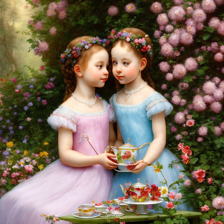 Two young girls in pastel dresses sharing a teapot in a floral setting