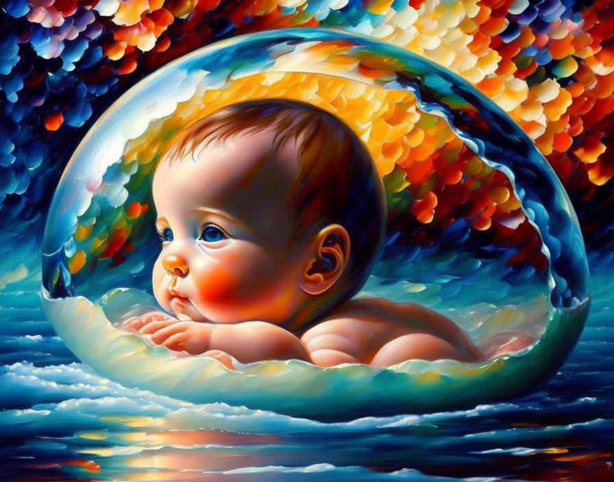 Vibrant painting of baby in transparent bubble with colorful brushstrokes