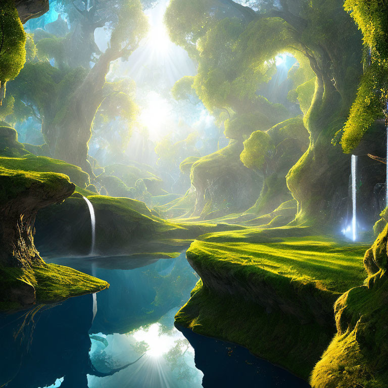 Lush Fantasy Forest with Sunbeam and Waterfall