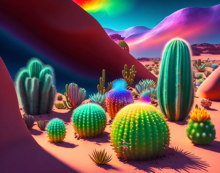 Neon-lit desert scene with cacti under purple sky