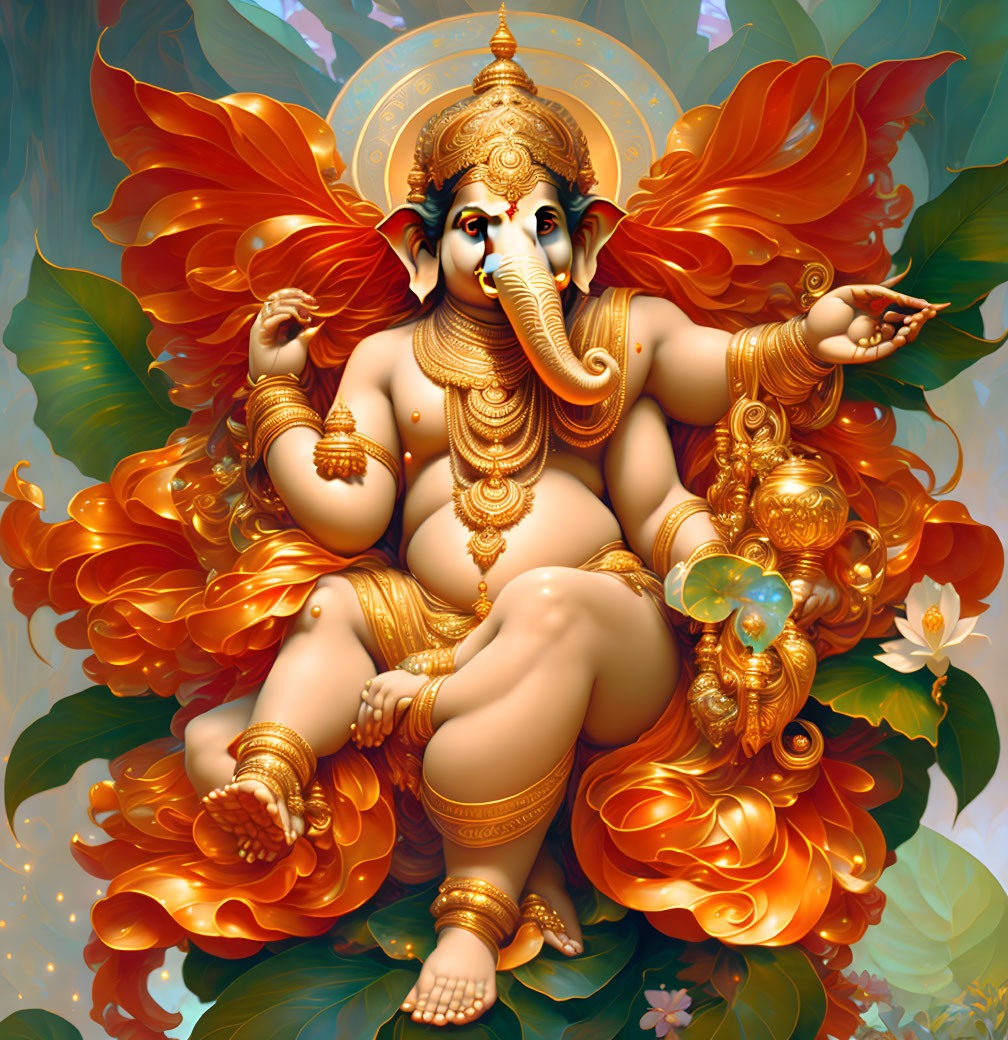 Lord Ganesha Illustration: Multiple Arms, Gold Adornments, Lotus Seat