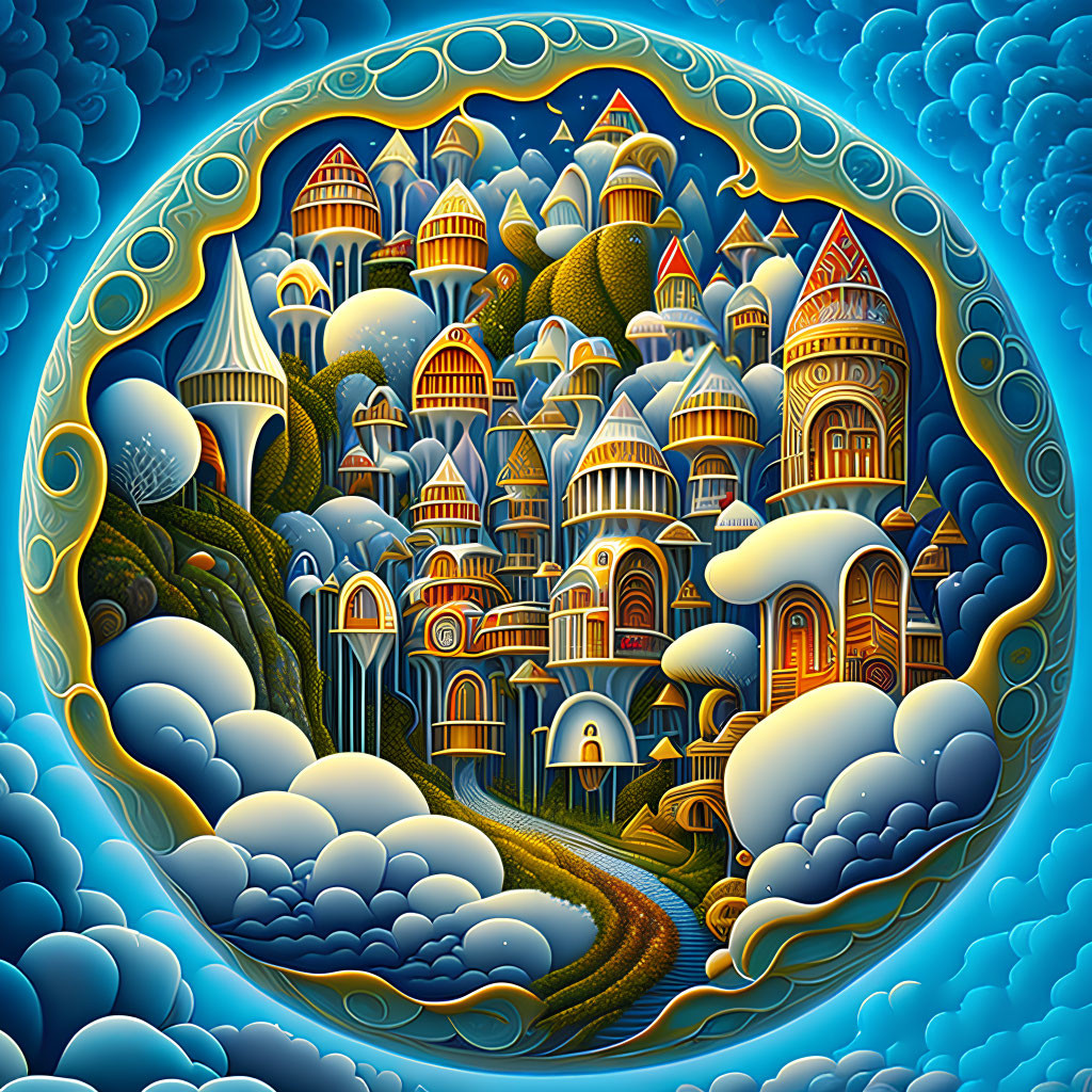 Circular fantasy landscape with golden-domed castles, rolling hills, clouds, and starry sky in