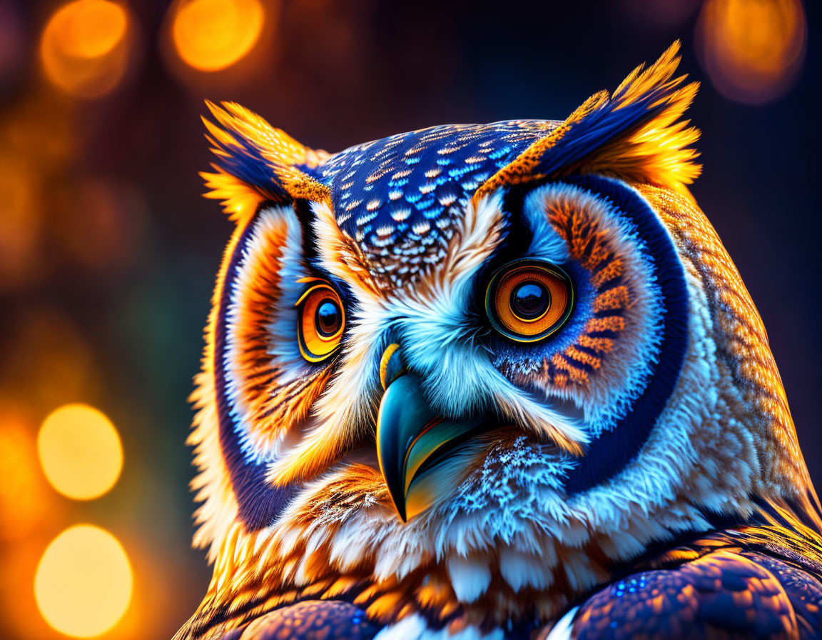 Vibrant owl with orange eyes on warm bokeh background