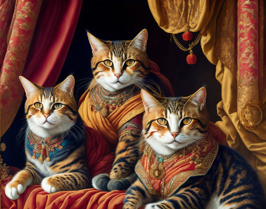 Regal Cats in Luxurious Attire Against Red Drapery