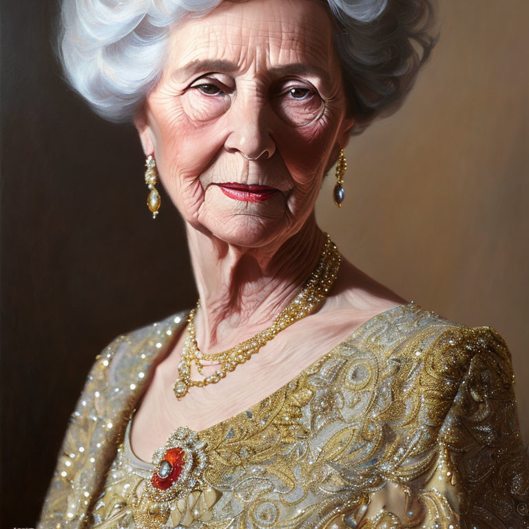 Elderly Lady in Gold-Beaded Dress and Red Brooch