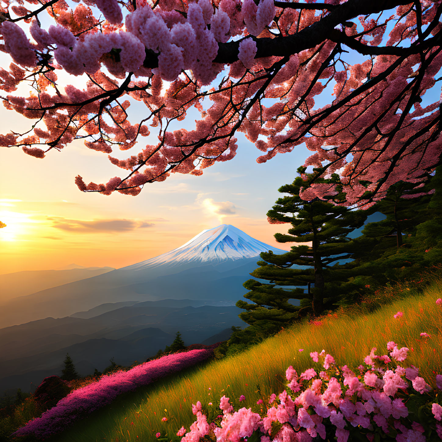 Pink Cherry Blossoms and Mount Fuji at Sunset with Green Foliage