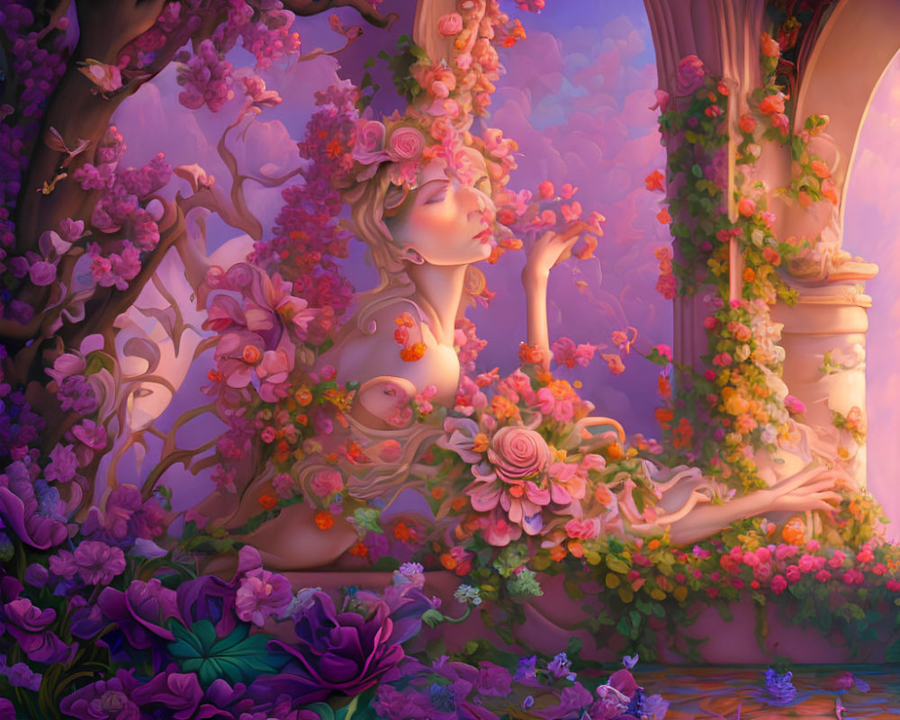 Illustration of woman surrounded by lush flowers in soft purple hues