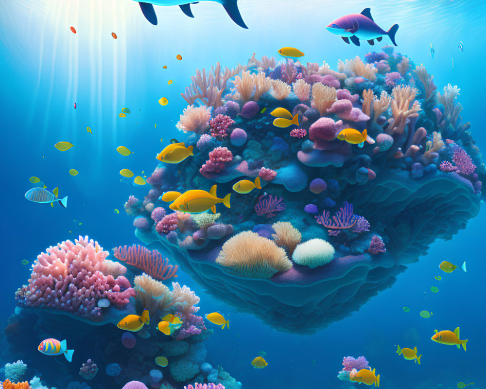 Colorful marine life in vibrant coral reef habitat.