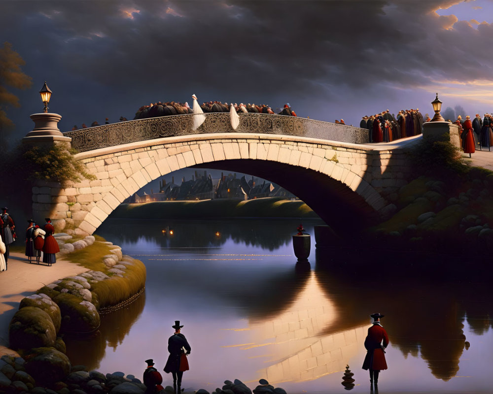 Surreal historical scene at dusk on stone bridge over tranquil river