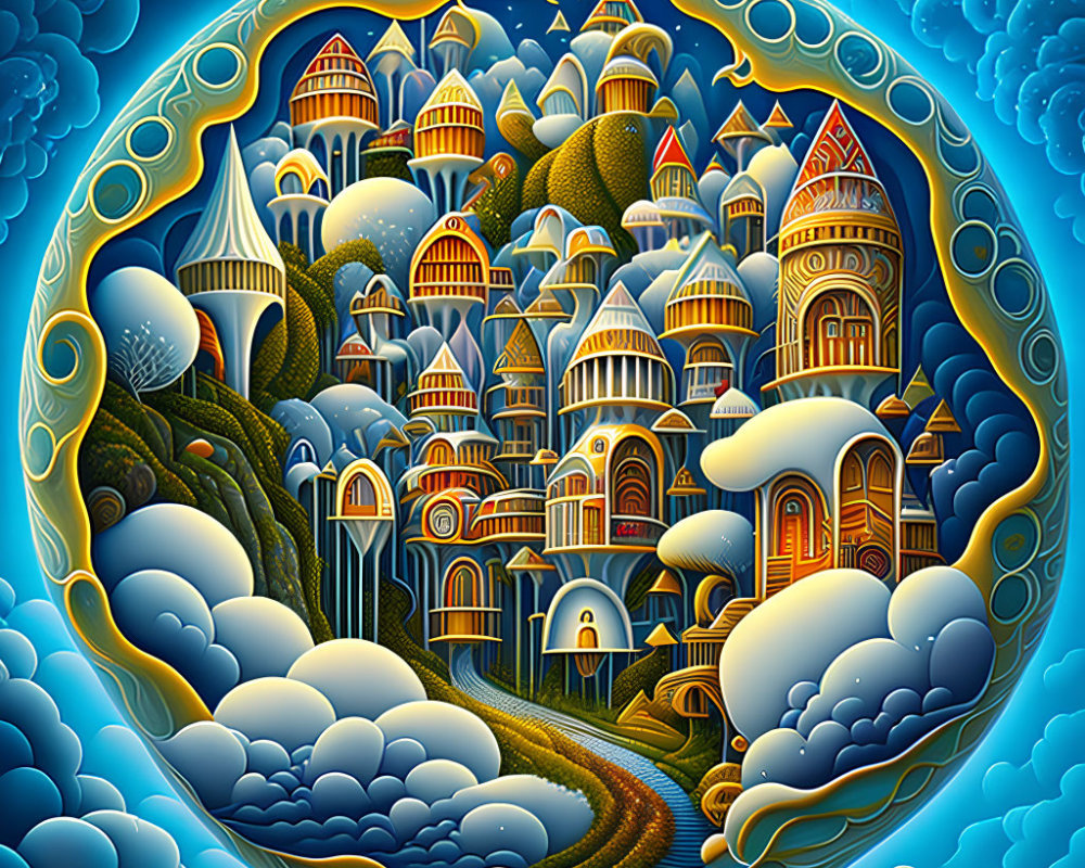 Circular fantasy landscape with golden-domed castles, rolling hills, clouds, and starry sky in