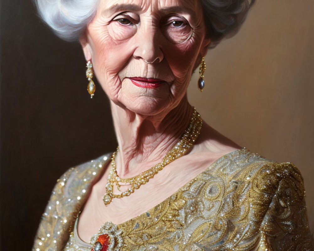 Elderly Lady in Gold-Beaded Dress and Red Brooch