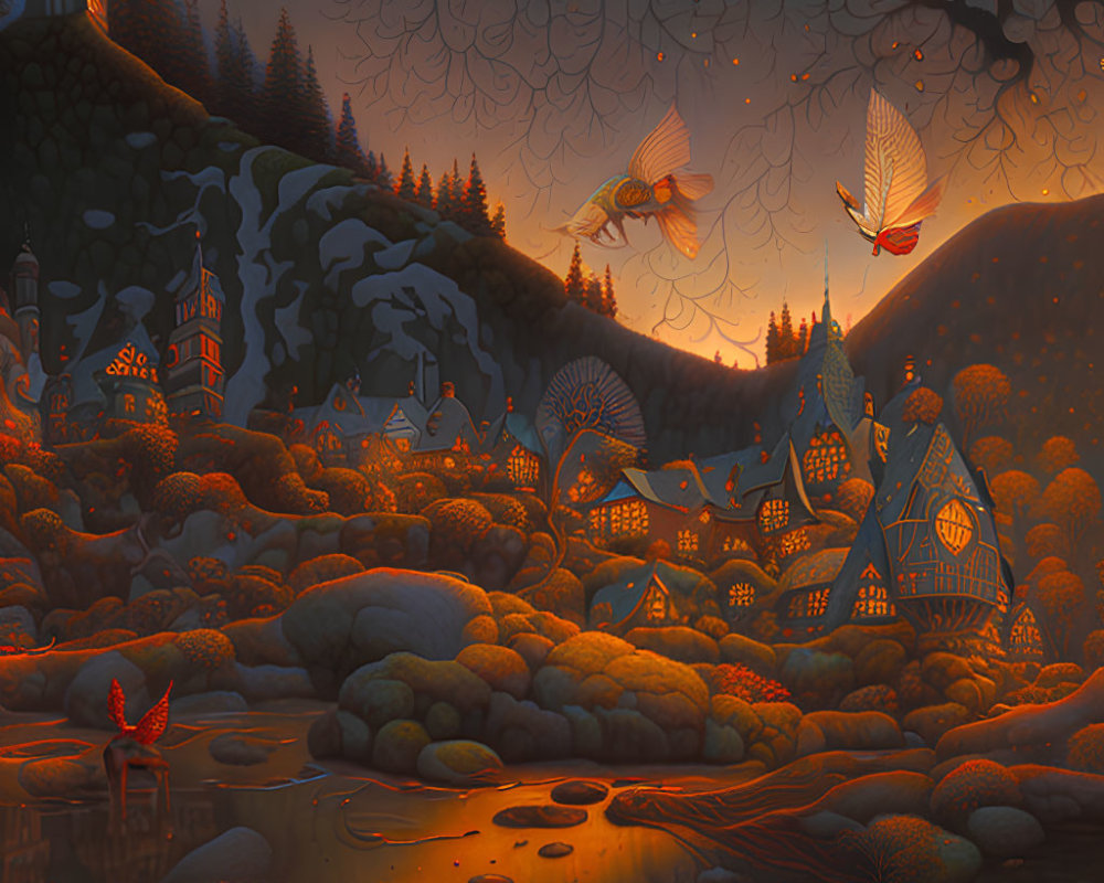 Fantasy village at dusk with glowing houses, oversized butterflies, and serene river.