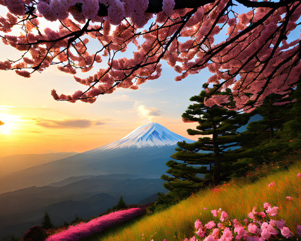 Pink Cherry Blossoms and Mount Fuji at Sunset with Green Foliage