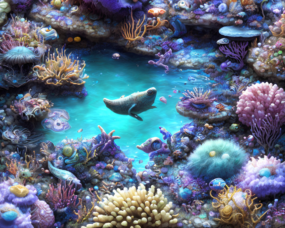 Colorful Underwater Scene with Diverse Coral and Sea Creatures