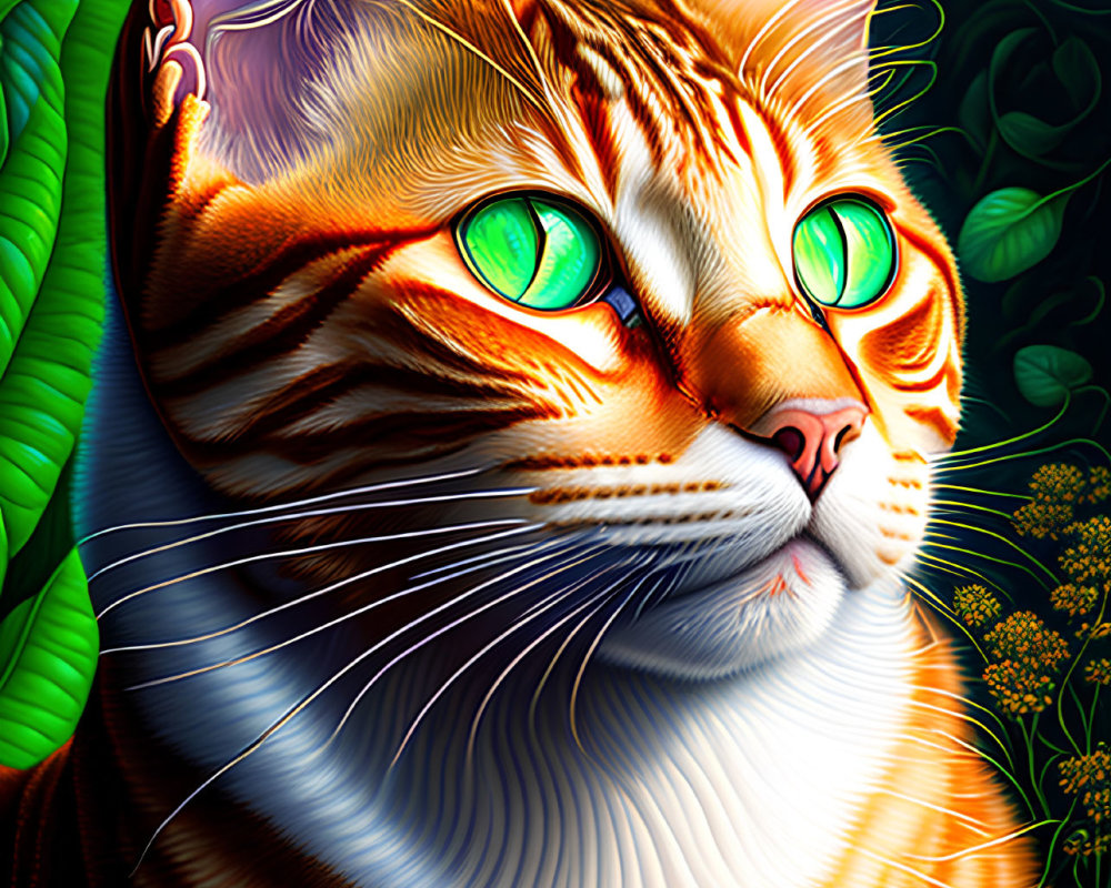 Colorful Digital Art: Orange Tabby Cat with Green Eyes in Green Foliage