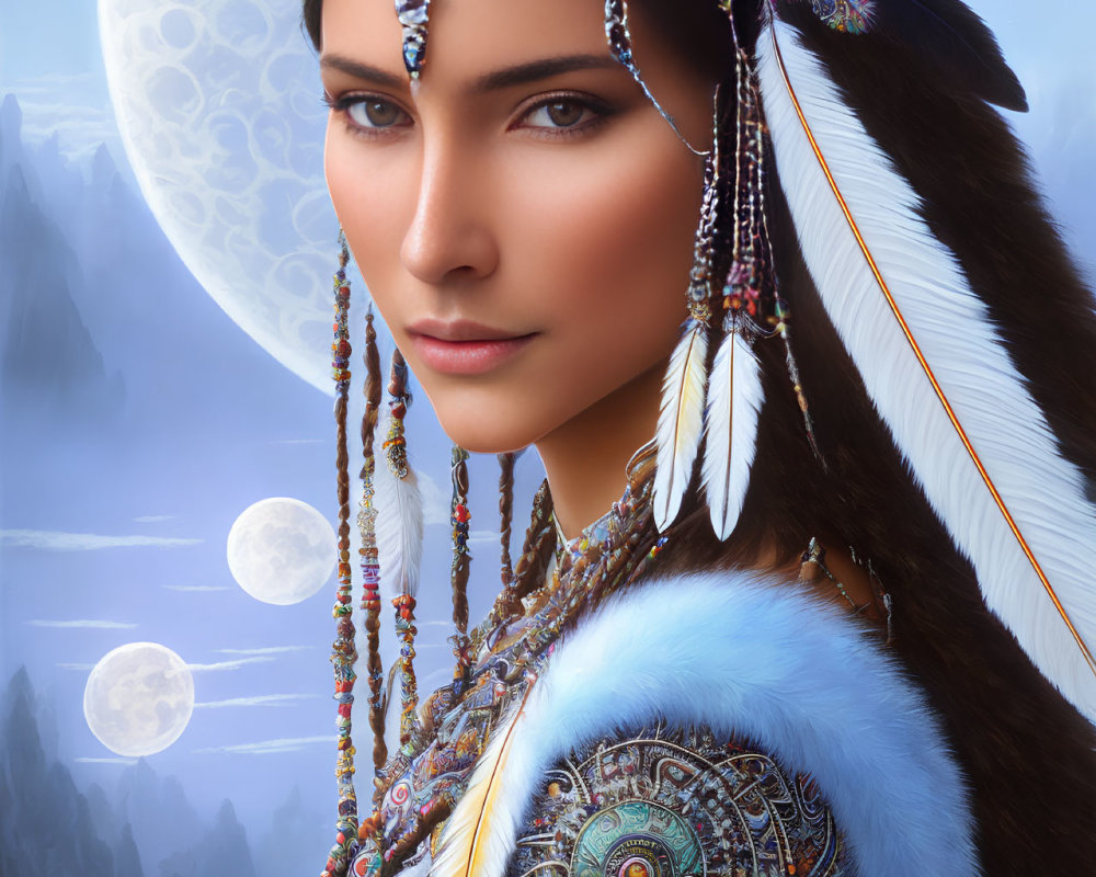 Woman in Native American headdress against mountain backdrop with multiple moons