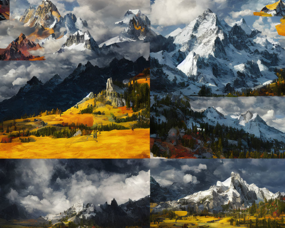 Eight picturesque mountain landscapes in various seasons and times of day with vibrant colors and dramatic skies.