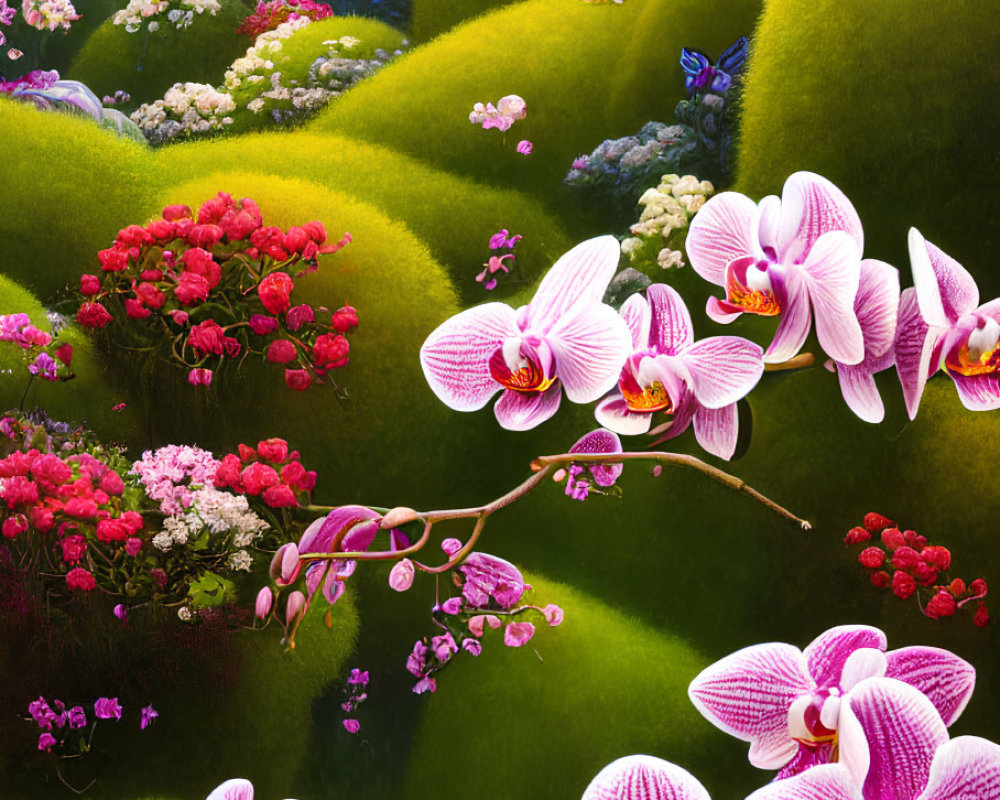 Colorful Fantasy Landscape with Green Hills, Pink Orchids, and Butterflies