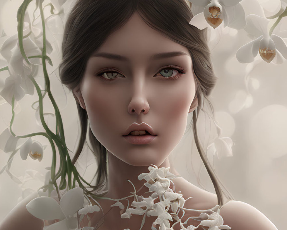 Ethereal digital portrait of a woman with dark hair and green eyes surrounded by white orchids