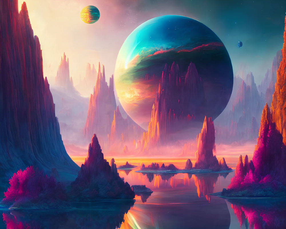 Colorful Alien Vegetation, Majestic Rocks, Reflective Water: Sci-Fi Landscape with Planets