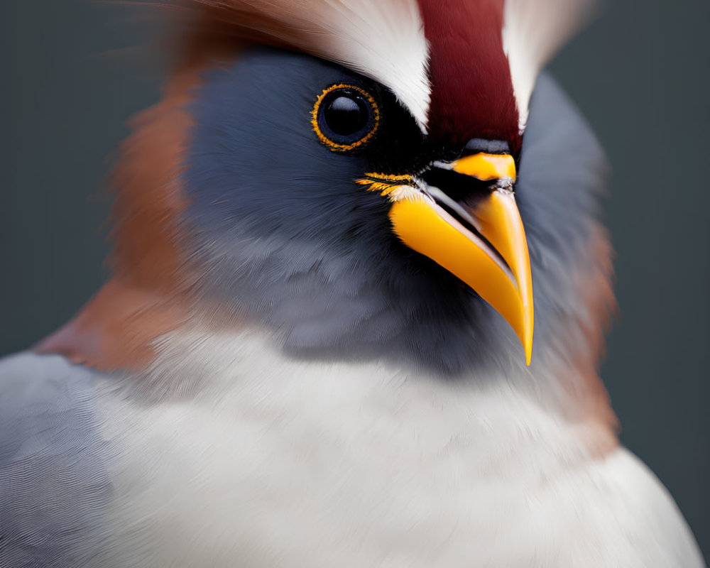 Colorful bird with crest, orange beak, and sharp eyes on grey background