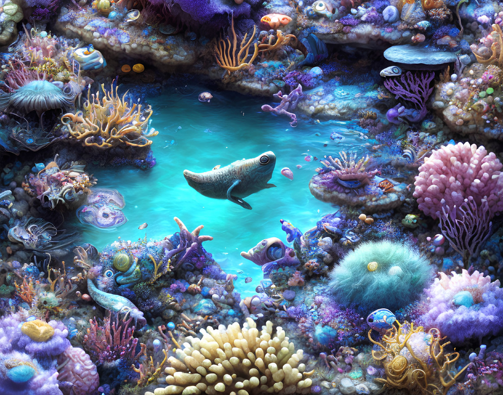 Colorful Underwater Scene with Diverse Coral and Sea Creatures