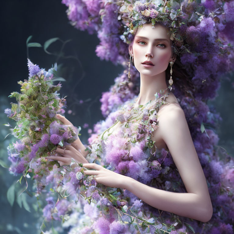 Woman in Floral Dress Surrounded by Purple Flowers and Mystical Aura