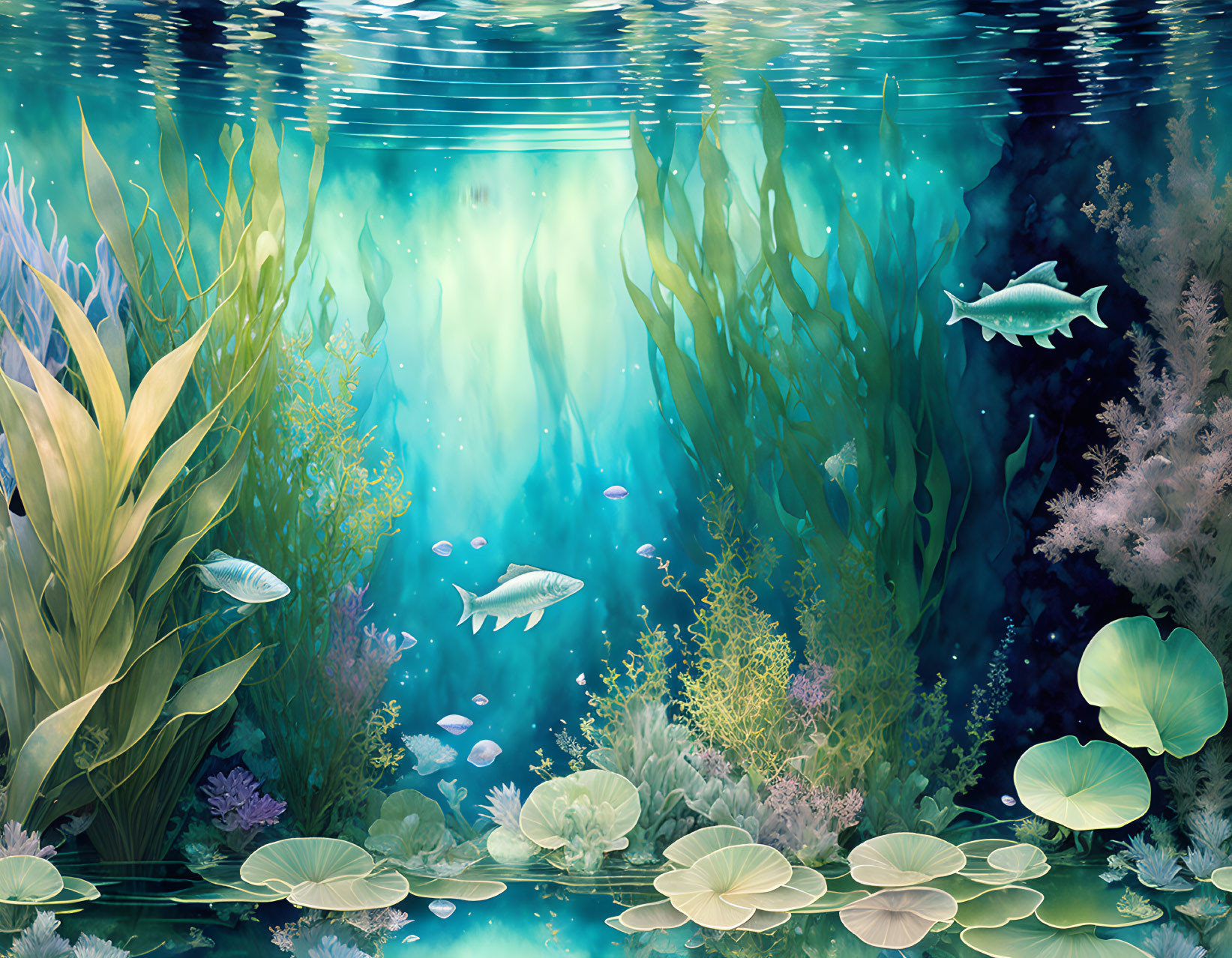 Vibrant underwater scene with fish, water plants, and sunbeams